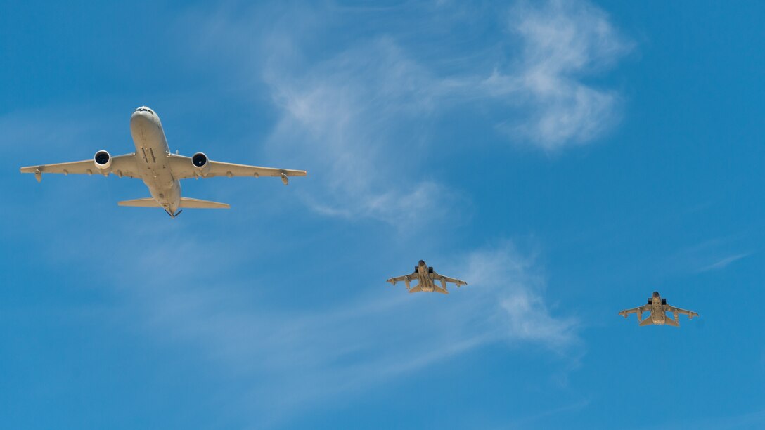 Two Italian Air Force PA-200 Tornados and a KC-767 flies over Edwards Air Force Base, California, May 9. Members of the Italian Air Force partnered with their Edwards AFB counterparts to conduct test sorties to gather data on weapon pairing on the Tornado. (Air Force photo by Josh McClanahan)