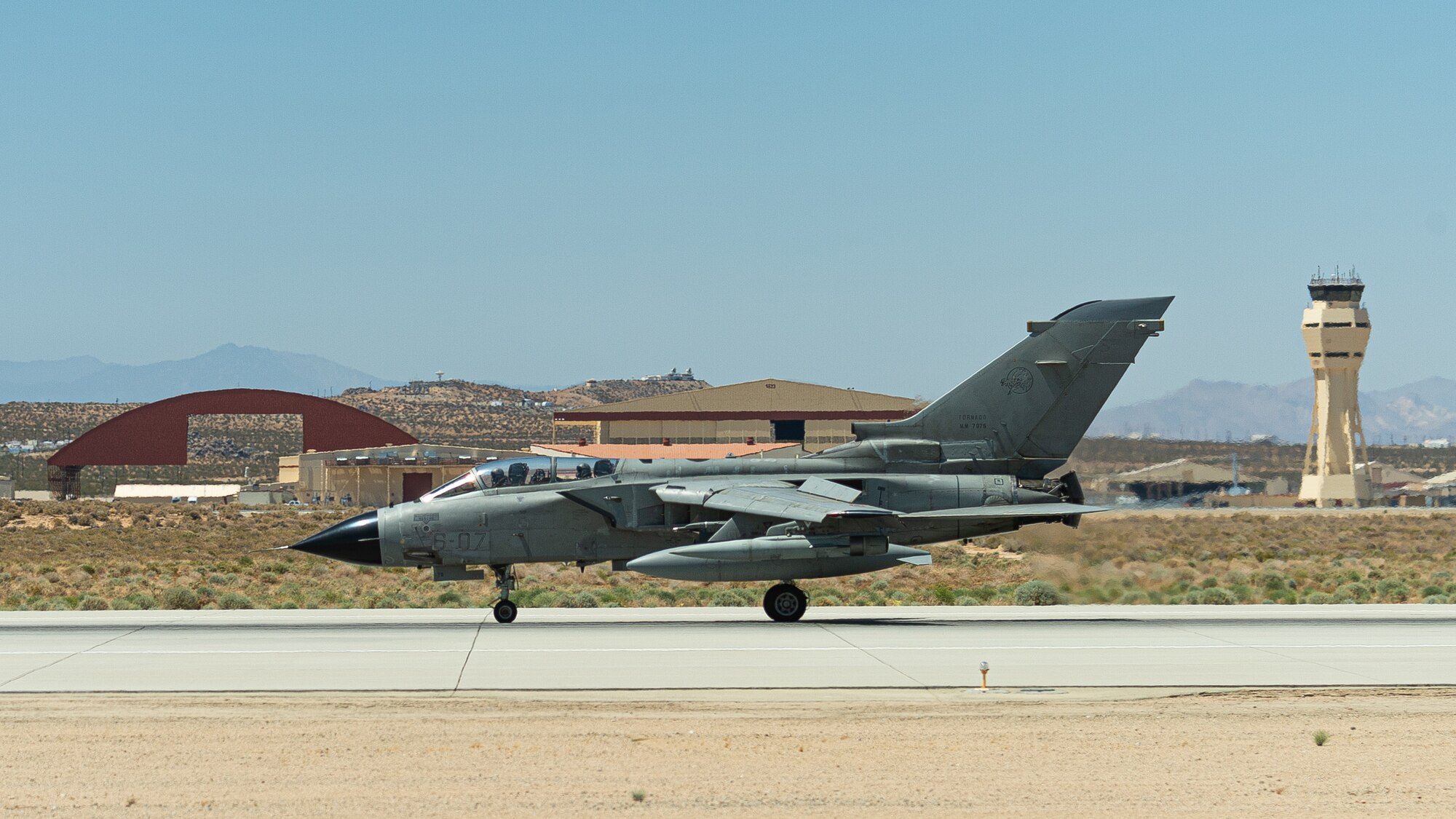An Italian Air Force PA-200 Tornado lands at Edwards Air Force Base, May 9. Members of the Italian Air Force partnered with their Edwards AFB counterparts to conduct test sorties to gather data on weapon pairing. (Air Force photo by Josh McClanahan)