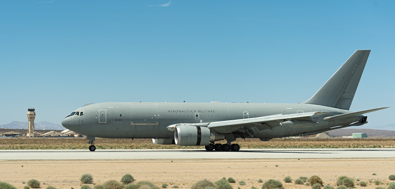 An Italian Air Force KC-767 lands at Edwards Air Force Base, California, May 9. The KC-767 was flown in to support flight tests with an Italian PA-200 recently. (Air Force photo by Josh McClanahan)