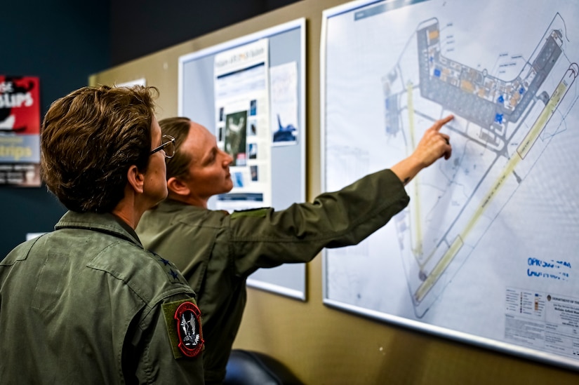 U.S. Air Force Gen. Jacqueline Van Ovost, U.S. Transportation Command commander, receives a pre-flight briefing from the 305th Air Mobility Wing at Joint Base McGuire-Dix-Lakehurst, New Jersey, June 3, 2022.  Van Ovost toured the Air Force’s newest refueling tanker, the KC-46A Pegasus and met with warfighters who project its military power globally.