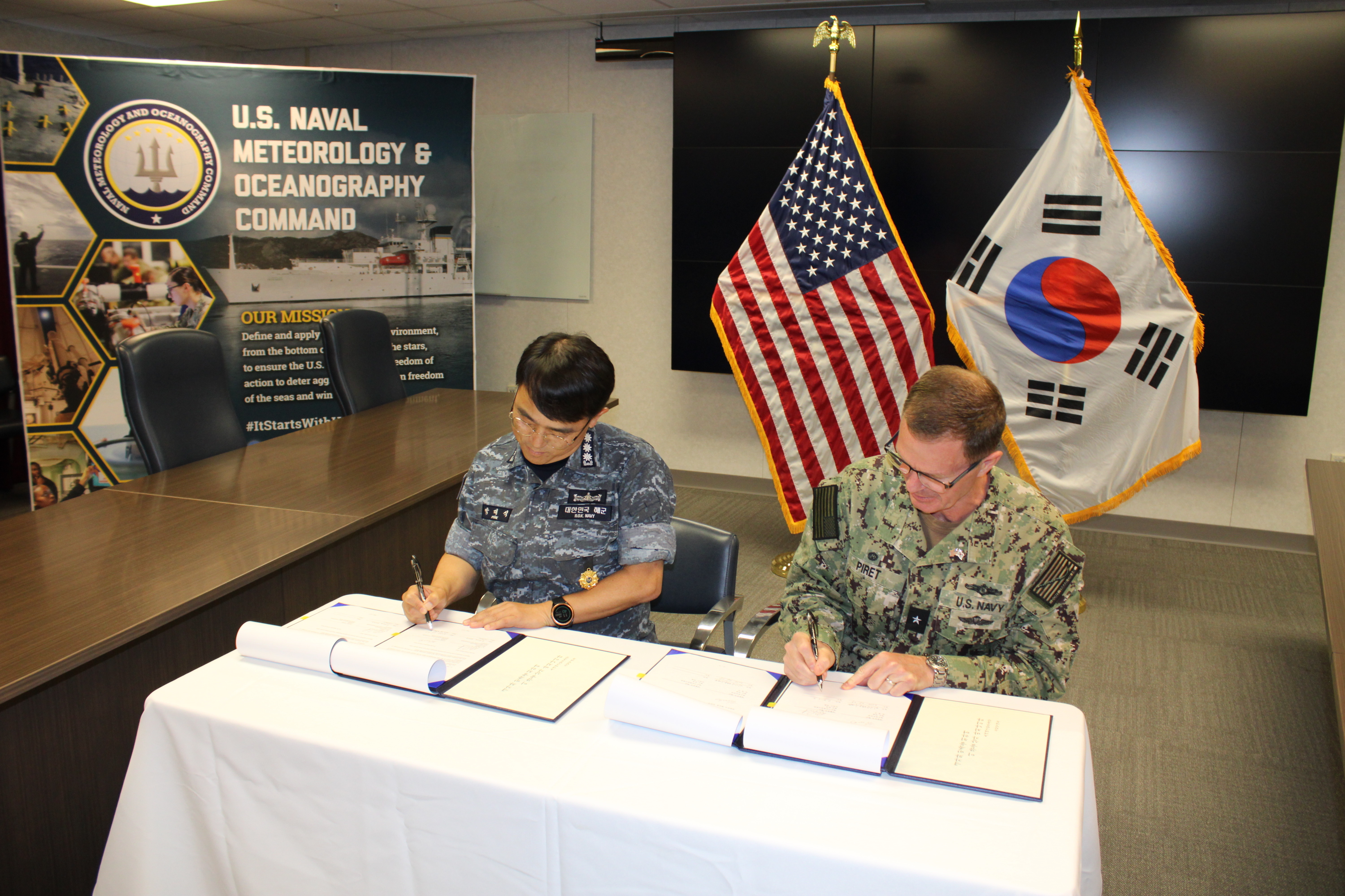 Naval Oceanography hosted representatives from the Republic of Korean Navy (ROKN) for a two-day tour of U.S. Navy (USN) commands at NASA Stennis Space Center, MS and signing of a Memorandum of Understanding (MOU) between the two navies, June 7-8, 2022. 

This MOU, a regularly-signed joint agreement, reaffirms commitment to enhance the ROKN-USN partnership by sharing information on oceanography, hydrography, and meteorology best-practices.

Foundationally, the MOU aligns with the 2022 National Defense Strategy (NDS) priorities: (1) defending the homeland, paced to the growing multi-domain threat; (2) deterring strategic attacks against the U.S., Allies and partners; (3) deterring aggression, while being prepared to prevail in conflict when necessary; and (4) building a resilient Joint Force and defense ecosystem.

“The signing of this agreement is historic and demonstrates our navies’ commitment to continued growth in our oceanographic alliance,” said RDML Ron J. Piret, Commander, Naval Meteorology and Oceanography Command (CNMOC).