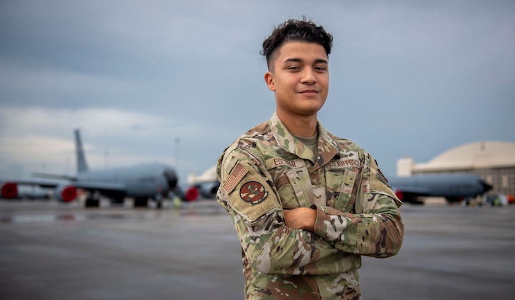 U.S. Air Force Airman 1st Class Allen Escobar, 6th Aircraft Maintenance Squadron crew chief, poses for a photo on the flight line at MacDill Air Force Base, Florida, June 9, 2022. The 6th AMXS wears Donald Duck on their patches, representing the character’s tenacious and go-getter attitude. Walt Disney gifted the rights to the squadron in the 1950s. (U.S. Air Force photo by Airman 1st Class Lauren Cobin)