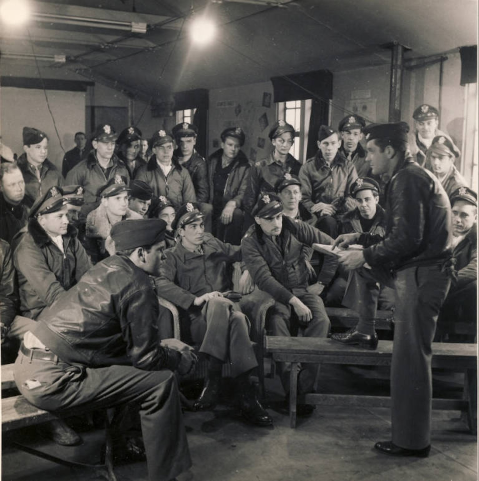 Colonel Don Blakeslee addresses 4th Fighter Group pilots during a daily briefing. (Courtesy Photo)