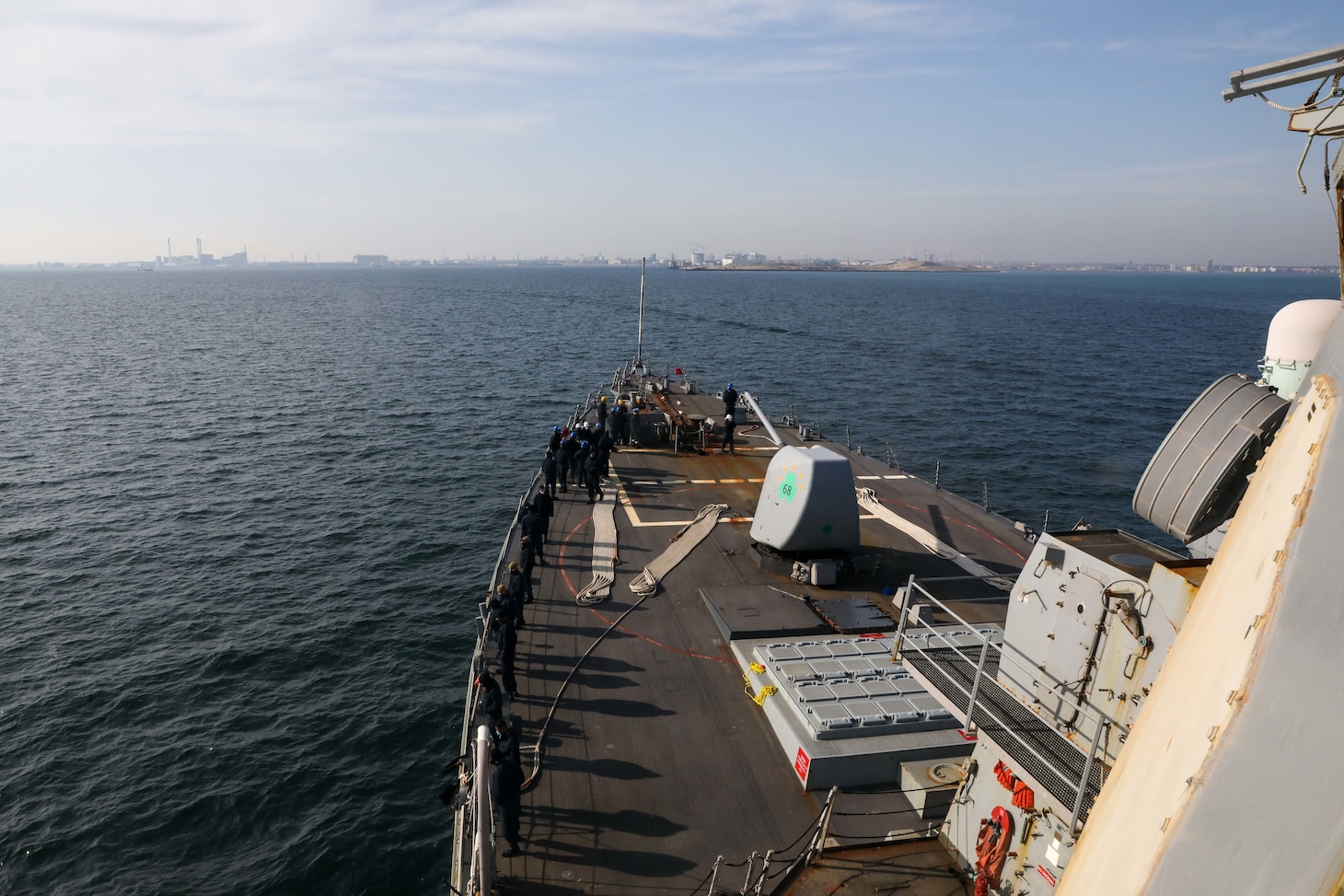 COPENHAGEN, DENMARK (March 21, 2022) – Arleigh Burke-class guided-missile destroyer USS The Sullivans (DDG 68) pulls in to port in Copenhagen, Denmark March 21, 2022. The Sullivans is operating in the European theater of operations and participating in a range of maritime activities in support of U.S. Sixth Fleet and NATO Allies. (U.S. Navy photo by Mass Communication Specialist 3rd Class Mark Klimenko)