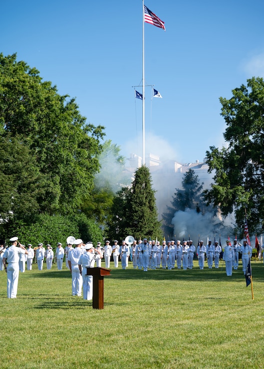 Members of the U.S. Navy Ceremonial Guard fire a 19-gun salute during a Navy Full Honors Arrival ceremony welcoming Vice Adm. Aluf David Sa'ar Salama, the commander in chief of the Israeli navy, at Leutze Park in the Washington Navy Yard.