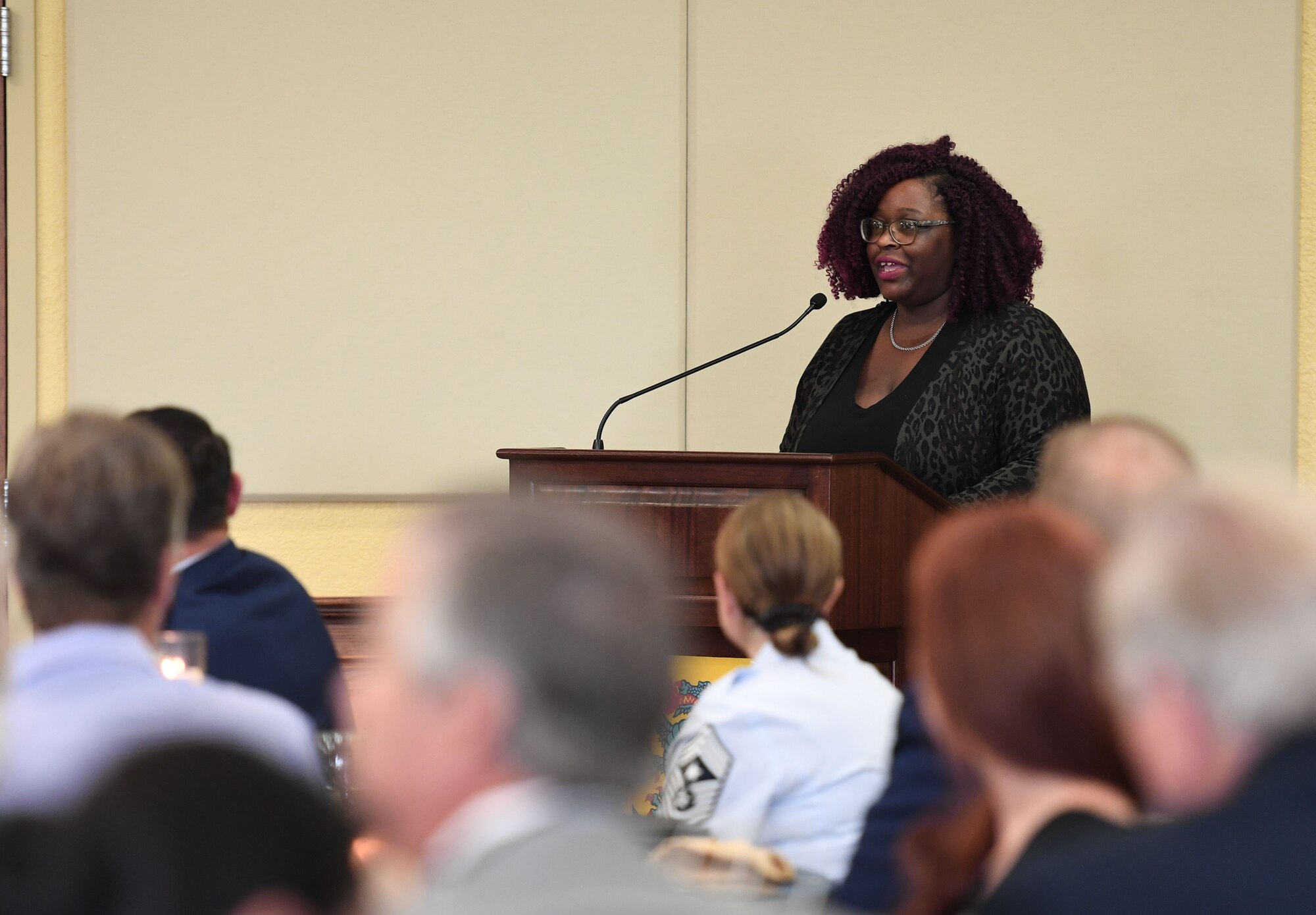 Arrea'l Bishop, Biloxi Chamber of Commerce board of directors military affairs vice chair, delivers remarks during the Biloxi Chamber of Commerce State of Keesler Air Force Base Annual Morning Call inside the Bay Breeze Event Center at Keesler Air Force Base, Mississippi, June 10, 2022. The event is designed to exchange information with business and community leaders and to strengthen Keesler's bond with the local community and allows for vast networking opportunities with business leaders and stakeholders. Furthermore, this is an opportunity for Keesler to highlight its mission to those who are not familiar with its capabilities. (U.S. Air Force photo by Kemberly Groue)