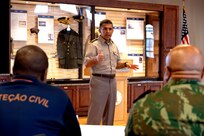 NH Adjutant Gen. David Mikolaities welcomes attendees to a State Partnership Program workshop on June 8, 2022, at the state military reservation’s Heritage Room in Concord, New Hampshire.