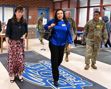 From left, teacher Heather Rosenbleeth directs Cabo Verde Minister of Defense Janine Lélis and NH Adjutant Gen. David Mikolaities on a tour of the Bow High School June 9, 2022.