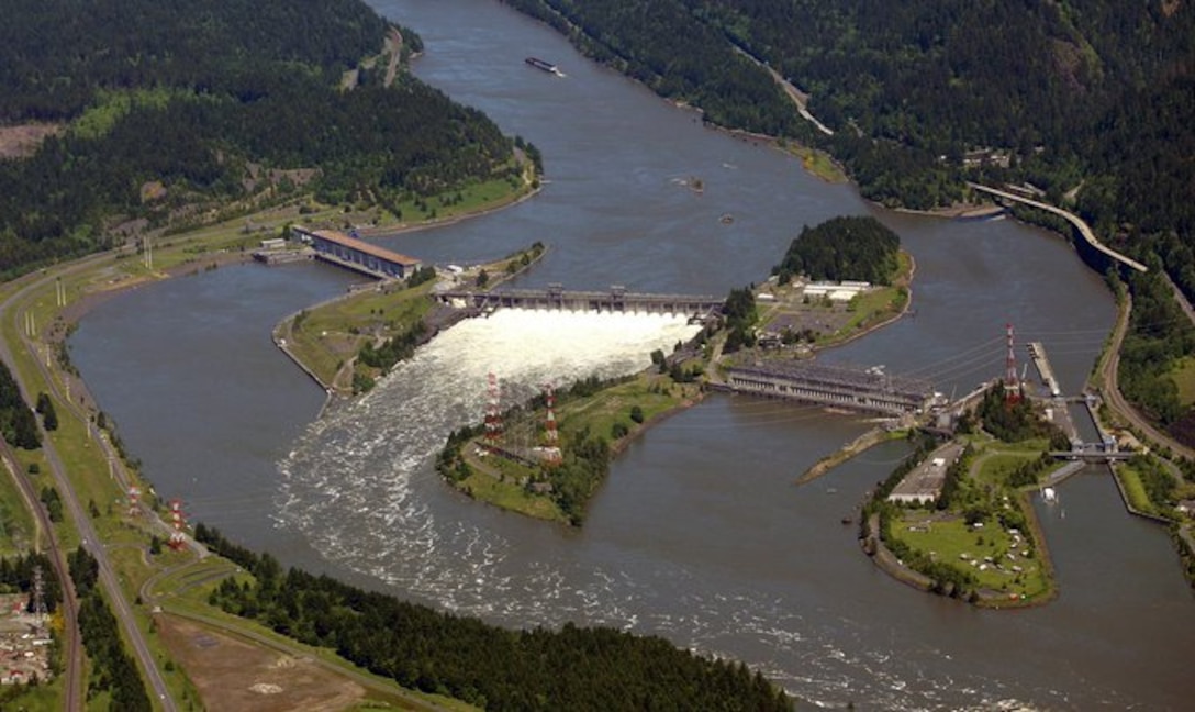 Aerial view of the Bonneville Lock and Dam Complex including Bradford Island
