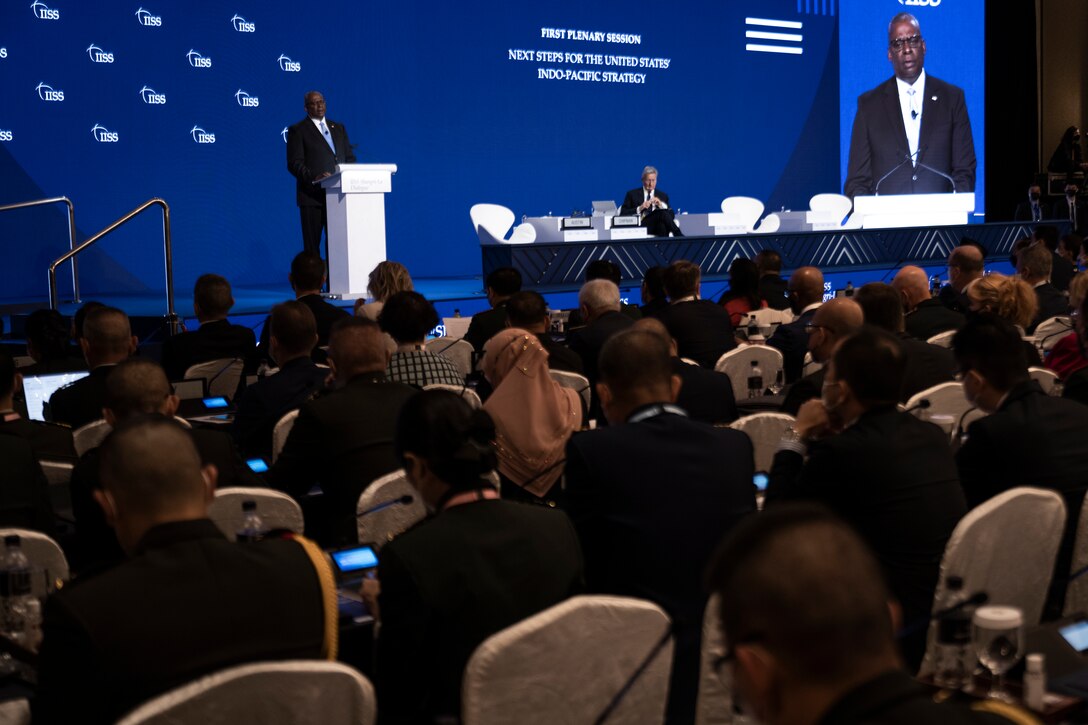 Secretary of Defense Lloyd J. Austin III addresses the Shangri-La Dialogue.