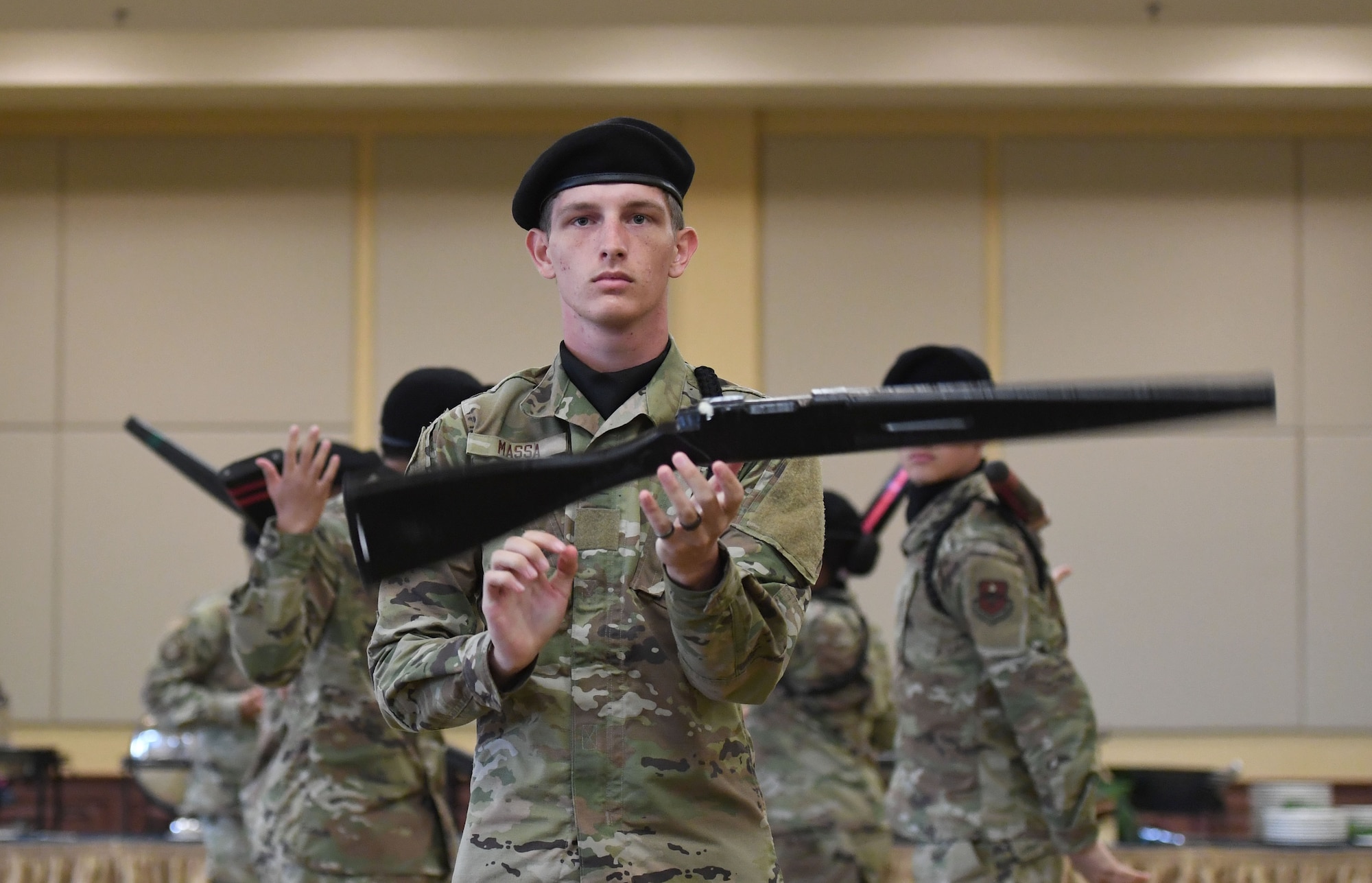 Airmen from the 81st Training Group provide a freestyle drill demonstration during the Biloxi Chamber of Commerce State of Keesler Air Force Base Annual Morning Call inside the Bay Breeze Event Center at Keesler Air Force Base, Mississippi, June 10, 2022. The event is designed to exchange information with business and community leaders and to strengthen Keesler's bond with the local community and allows for vast networking opportunities with business leaders and stakeholders. Furthermore, this is an opportunity for Keesler to highlight its mission to those who are not familiar with its capabilities. (U.S. Air Force photo by Kemberly Groue)