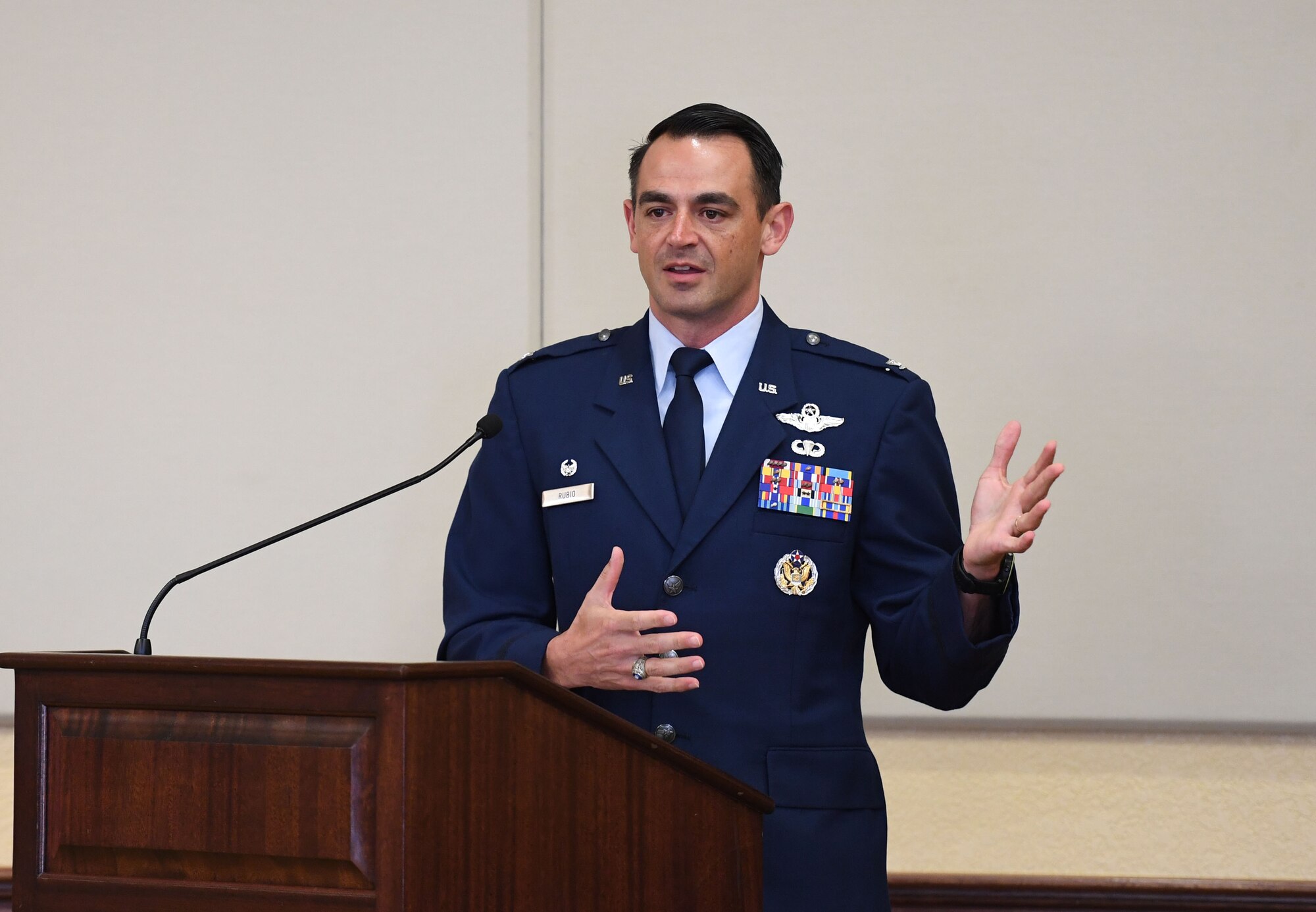 U.S. Air Force Col. Stuart Rubio, 403rd Wing commander, delivers remarks during the Biloxi Chamber of Commerce State of Keesler Air Force Base Annual Morning Call inside the Bay Breeze Event Center at Keesler Air Force Base, Mississippi, June 10, 2022. The event is designed to exchange information with business and community leaders and to strengthen Keesler's bond with the local community and allows for vast networking opportunities with business leaders and stakeholders. Furthermore, this is an opportunity for Keesler to highlight its mission to those who are not familiar with its capabilities. (U.S. Air Force photo by Kemberly Groue)
