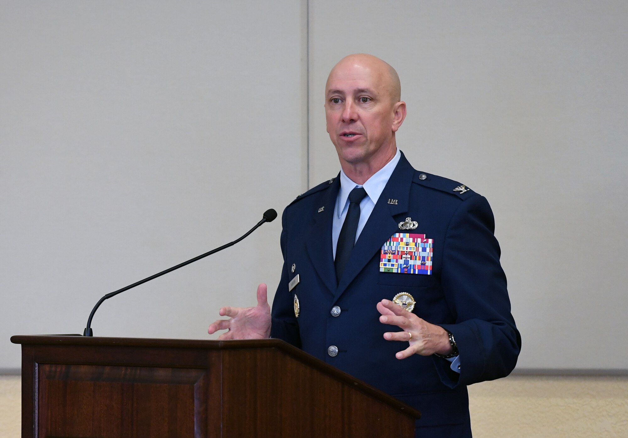 U.S. Air Force Col. William Hunter, 81st Training Wing commander, delivers remarks during the Biloxi Chamber of Commerce State of Keesler Air Force Base Annual Morning Call inside the Bay Breeze Event Center at Keesler Air Force Base, Mississippi, June 10, 2022. The event is designed to exchange information with business and community leaders and to strengthen Keesler's bond with the local community and allows for vast networking opportunities with business leaders and stakeholders. Furthermore, this is an opportunity for Keesler to highlight its mission to those who are not familiar with its capabilities. (U.S. Air Force photo by Kemberly Groue)