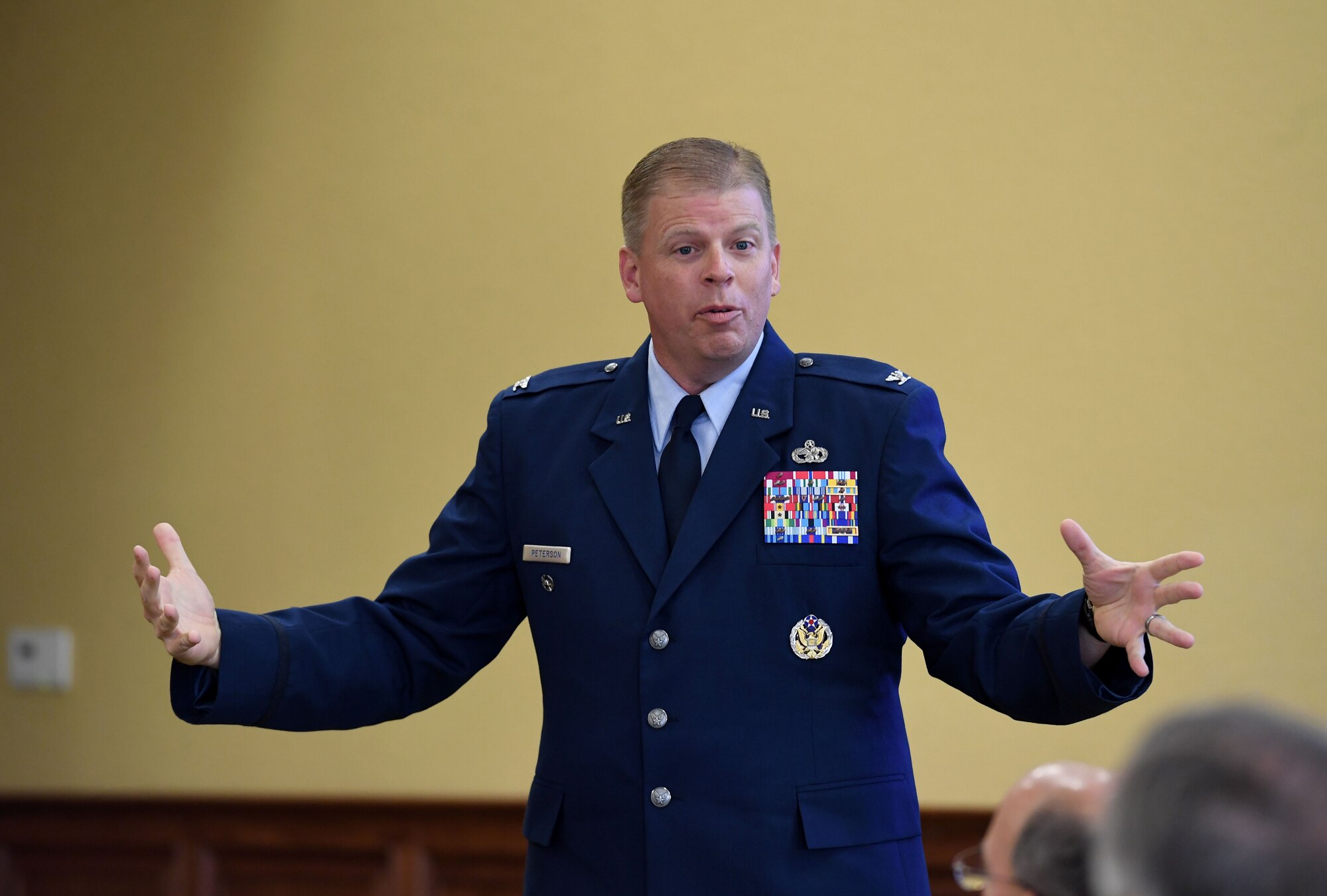 U.S. Air Force Col. Kirk Peterson, Second Air Force acting vice commander, delivers remarks during the Biloxi Chamber of Commerce State of Keesler Air Force Base Annual Morning Call inside the Bay Breeze Event Center at Keesler Air Force Base, Mississippi, June 10, 2022. The event is designed to exchange information with business and community leaders and to strengthen Keesler's bond with the local community and allows for vast networking opportunities with business leaders and stakeholders. Furthermore, this is an opportunity for Keesler to highlight its mission to those who are not familiar with its capabilities. (U.S. Air Force photo by Kemberly Groue)