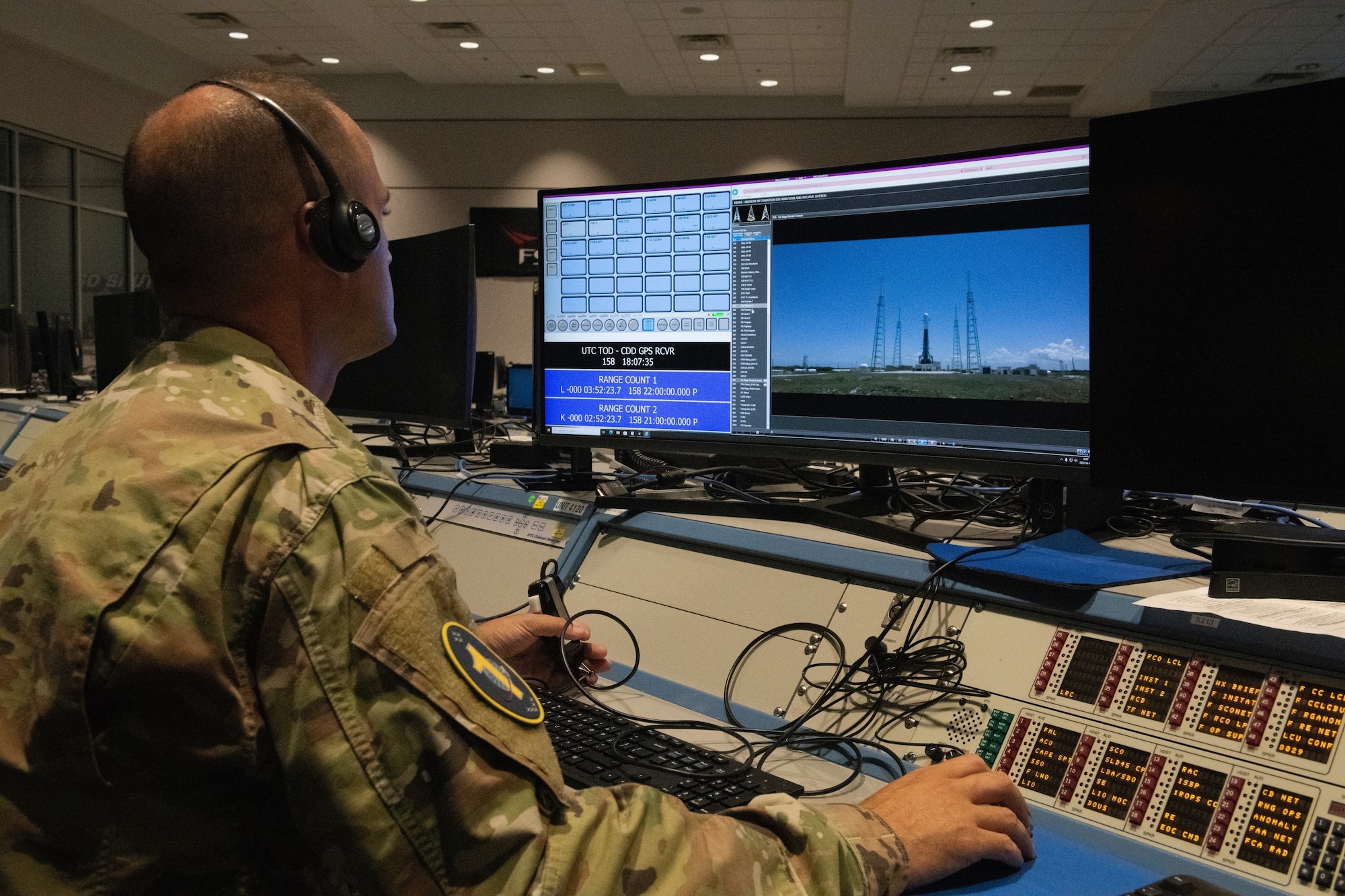 U.S. Space Force Capt. Mark Conque, 1st Range Operations Squadron assistant director of operations, uses the Range Application Deployment system to assess Space Launch Complex 40 June 7, 2022, at Cape Canaveral Space Force Station, Florida. The RAD system offers up to 25 video feeds to support launch operations. (U.S. Space Force photo by Tech. Sgt. James Hodgman)