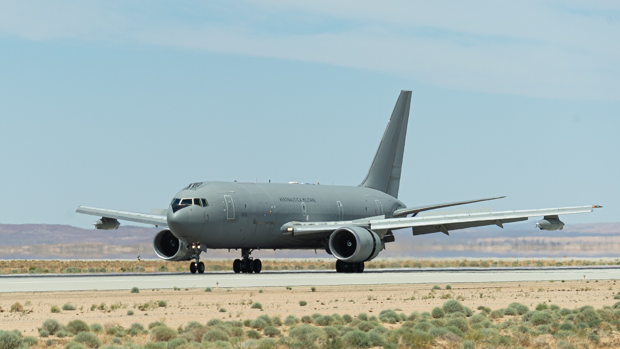 An Italian Air Force KC-767 lands at Edwards Air Force Base, California, May 9. The KC-767 was flown in to support flight tests with an Italian PA-200 Tornado recently. (Air Force photo by Josh McClanahan)