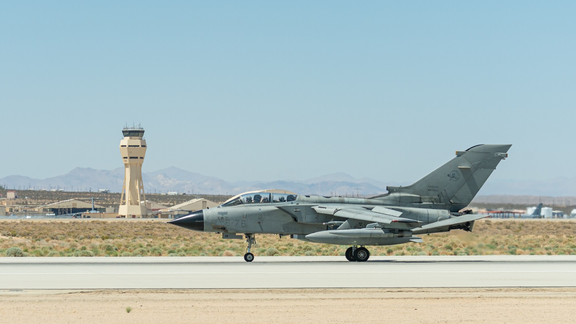 An Italian Air Force PA-200 Tornado lands at Edwards Air Force Base, May 9. Members of the Italian Air Force partnered with their Edwards AFB counterparts to conduct test sorties to gather data on weapon pairing. (Air Force photo by Josh McClanahan)