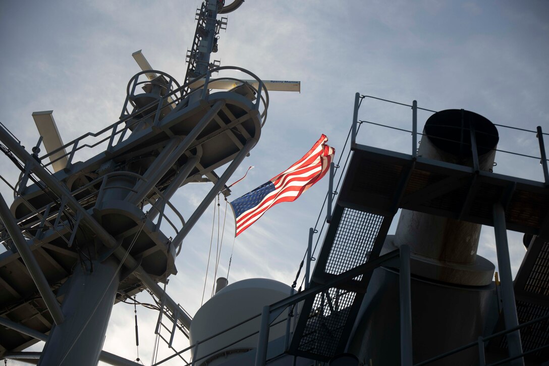 The U.S. flag flies above the Blue Ridge-class amphibious command and control ship USS Mount Whitney (LCC 20), which is currently underway participating in exercise BALTOPS22 in the Baltic Sea, June 8, 2022