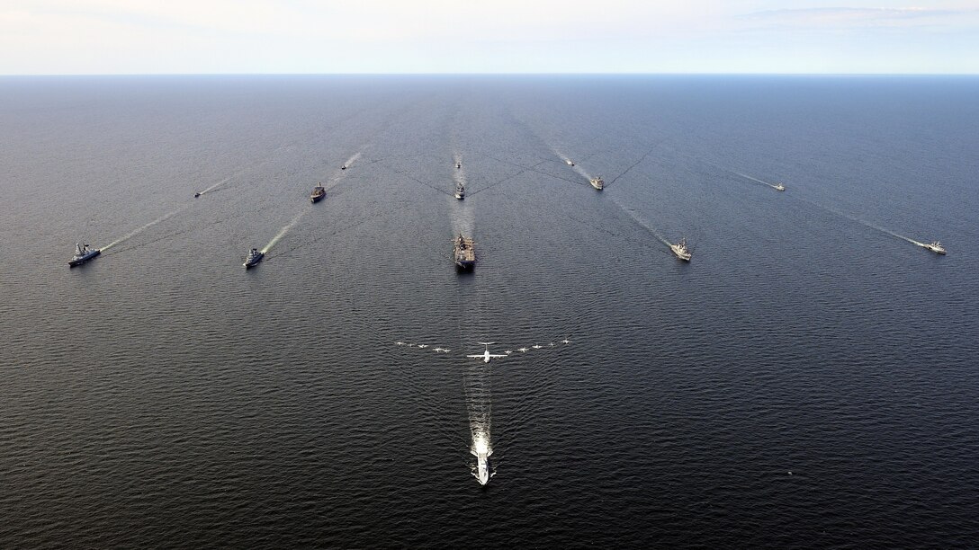 Ships from Denmark, Finland, Germany, Lithuania, Poland, Sweden, the United Kingdom, and the United States sail in formation in the Baltic Sea, June 6, 2022