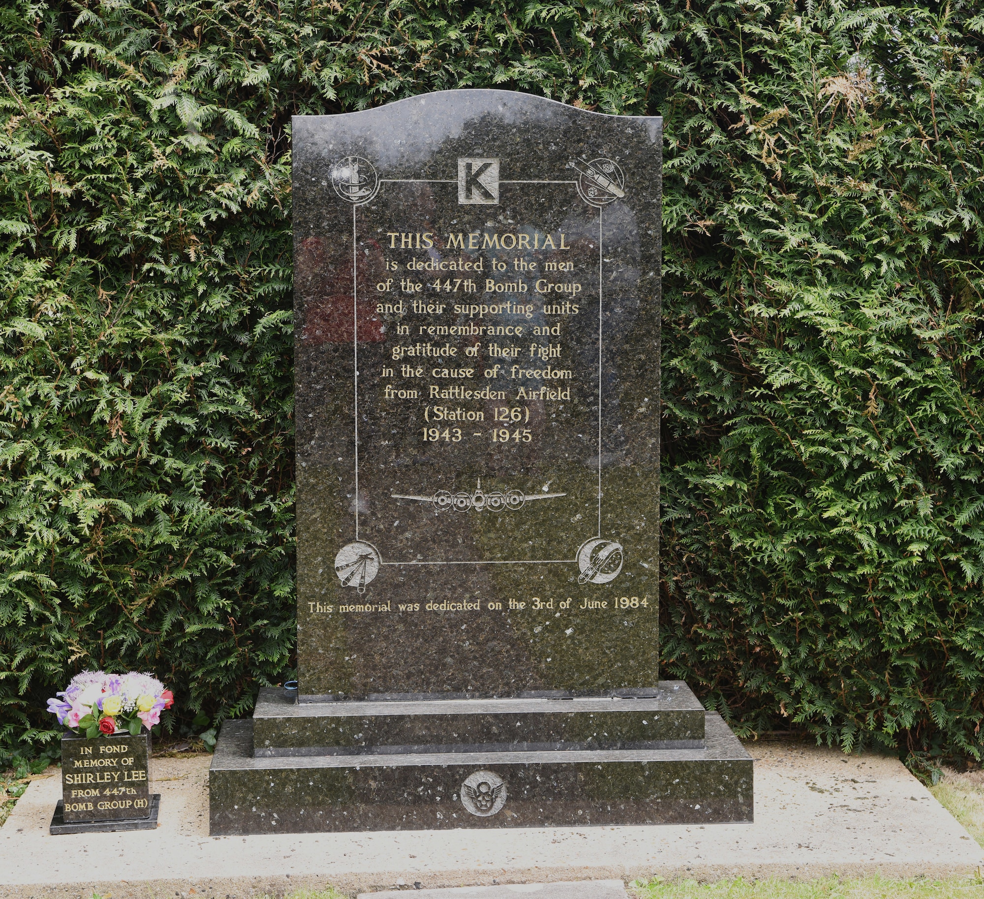 A memorial at Rattlesden, Suffolk, is dedicated to the men of the 447th Bomb Group and their supporting units in remembrance and gratitude of their fight in the cause of freedom from Rattlesden airfield, Station 126, 1943 to 1945. A ceremony was held at the memorial June 11, 2022, as part of the "Return to Rattlesden" event for family and friends of veterans, along with others involved with the 447th BG. (Courtesy photo by Karen Abeyasekere)