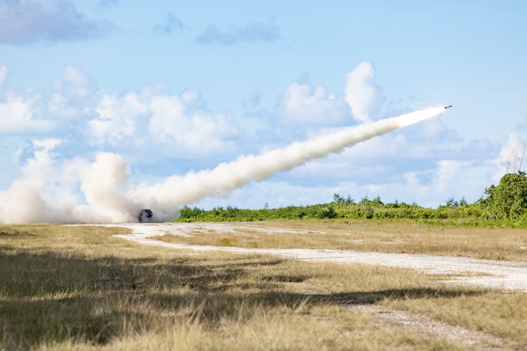 A U.S. Marine Corps High-Mobility Artillery Rocket System with 5th Battalion, 11th Marine Regiment, 1st Marine Division, launches a M28A1, reduced range practice rocket, in support of exercise Valiant Shield 2022 on Angaur, Palau, June 8, 2022. Exercise such as Valiant Shield allows the Indo-Pacific Command Joint Forces the opportunity to integrate forces from all branches of service to conduct precise, lethal, and overwhelming multi-axis, multi-domain effects that demonstrate the strength and versatility of the Joint Force and our commitment to a free and open Indo-Pacific.