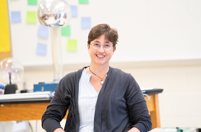 IMAGE: Naval Surface Warfare Center Dahlgren Division biochemist Erica Borgers Klonkowski talks about her educational journey and career path in front of a group of students during the Fredericksburg Regional Summer Governor’s School program, June 9.