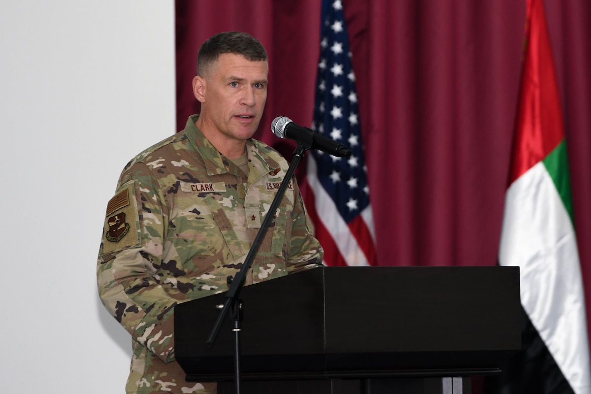 Brig. Gen. Andy “Spoo” Clark, the previous commander of the 380 Air Expeditionary Wing, addresses Al Dhafra Air Base leadership and wing members a final time during the 380th AEW’s change of command ceremony June 7, ADAB, United Arab Emirates. With the command of the 380th officially in the hands of Lopez, Clark is now slated to become the commander of the NATO Alliance Ground Surveillance Force.