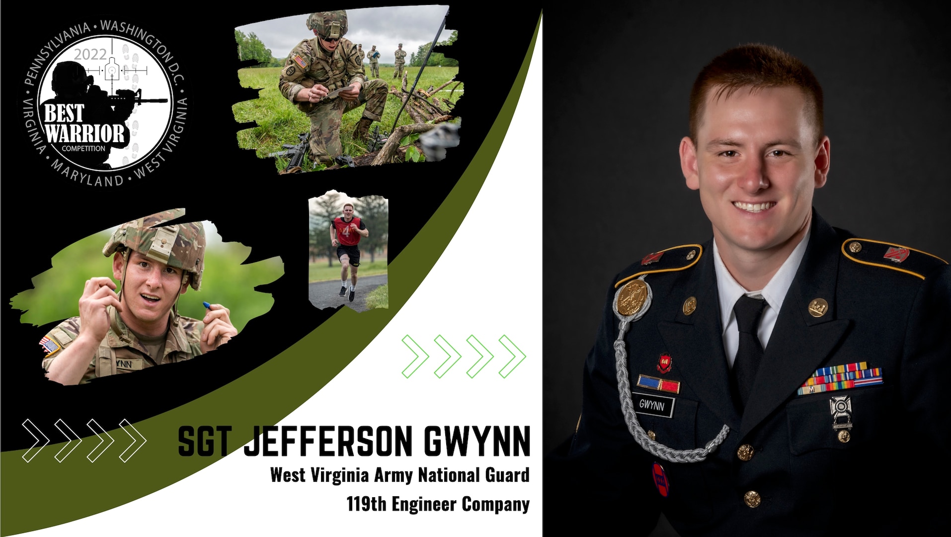 Sgt. Jefferson Gwynn, a combat engineer with the 119th Sapper Company, will represent West Virginia at the national-level Best Warrior Competition to be held in Smyrna, Tennessee, July 22-29, 2022. Gwynn earned the opportunity to compete against the best the National Guard has to offer from around the nation after being named the Non-Commissioned Officer (NCO) of the Year at the Region II Best Warrior Competition, held at Camp Dawson, West Virginia, in May. (U.S. Army National Guard graphic by Edwin L. Wriston)