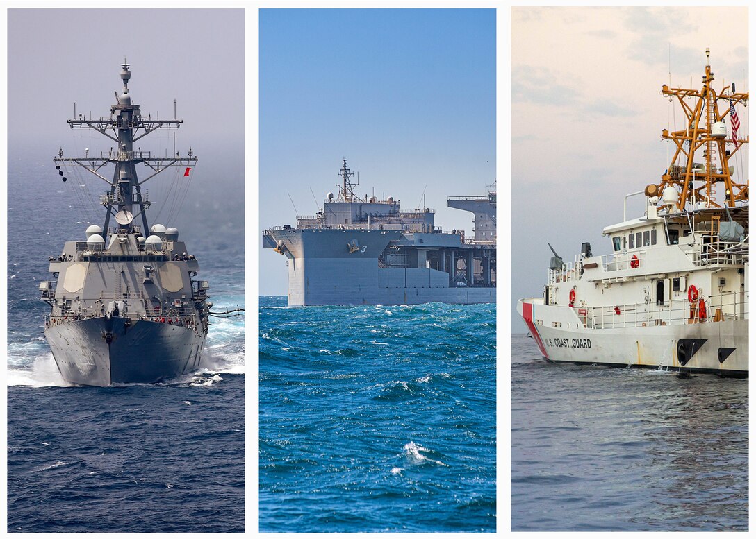 Graphic photo collage of guided-missile destroyer USS Momsen (DDG 92), expeditionary sea base USS Lewis B. Puller (ESB 3) and fast response cutter USCGC Robert Goldman (WPC 1142).