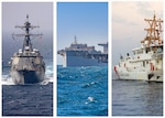 Graphic photo collage of guided-missile destroyer USS Momsen (DDG 92), expeditionary sea base USS Lewis B. Puller (ESB 3) and fast response cutter USCGC Robert Goldman (WPC 1142).