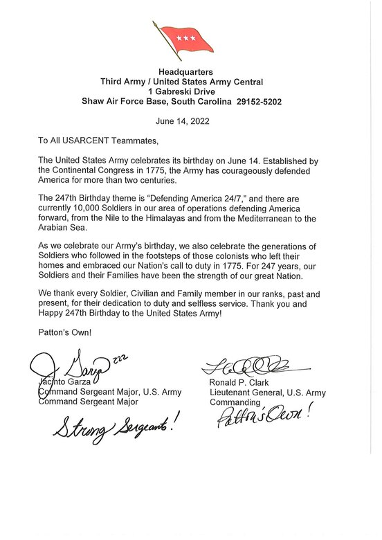 U.S. Army Central's Commanding General, Lt. Gen. Ronald Clark, and Command Sergeant Major, CSM Jacinto Garza, release message on Army's 247th birthday.