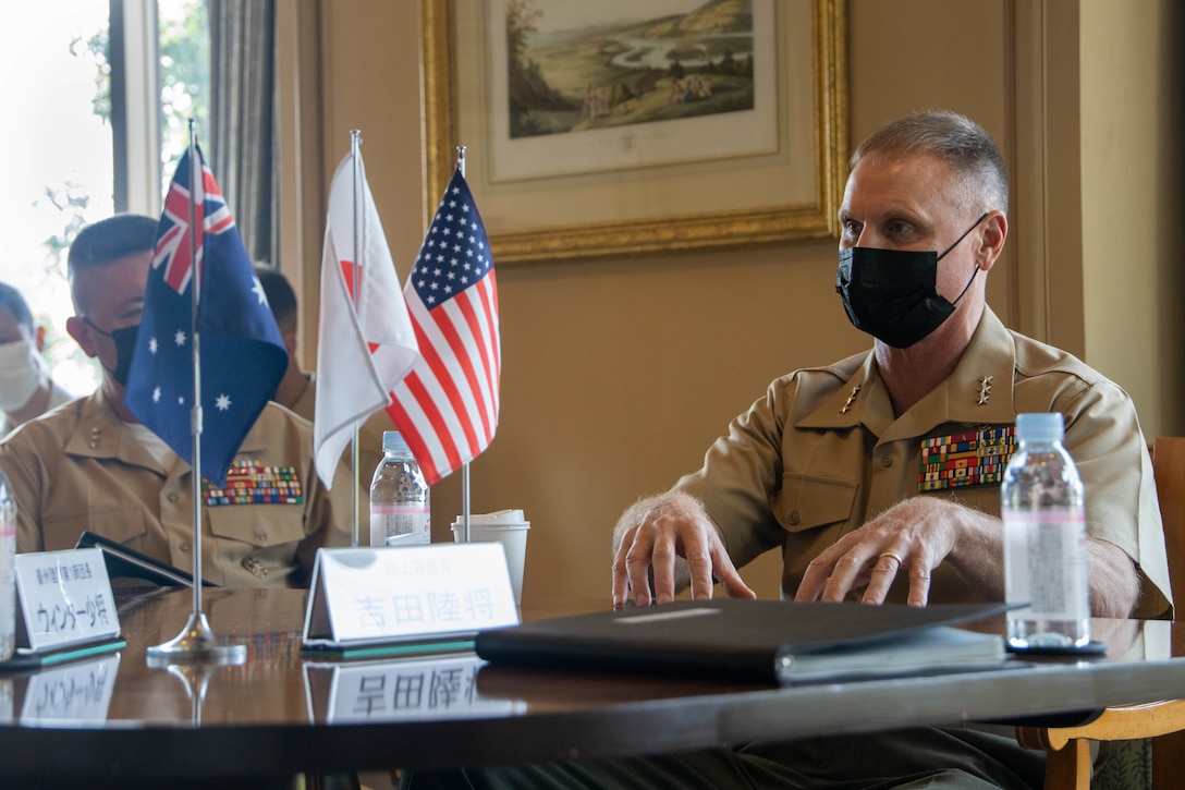 U.S. Marine Corps Lt. Gen. Steven R. Rudder, commander, U.S. Marine Corps Forces, Pacific, participates in a trilateral meeting during the seventh iteration of the Pacific Amphibious Leaders Symposium, Tokyo, Japan, June 13, 2022. PALS consists of discussions and presentations conducted to promote regional security and to enable responsive forces during crisis situations. The 2022 symposium brought together senior leaders from 18 countries who are committed to a free and open Indo-Pacific, with the objective of strengthening and developing regional relationships. (U.S. Marine Corps photo by Lance Cpl. Haley Fourmet Gustavsen)
