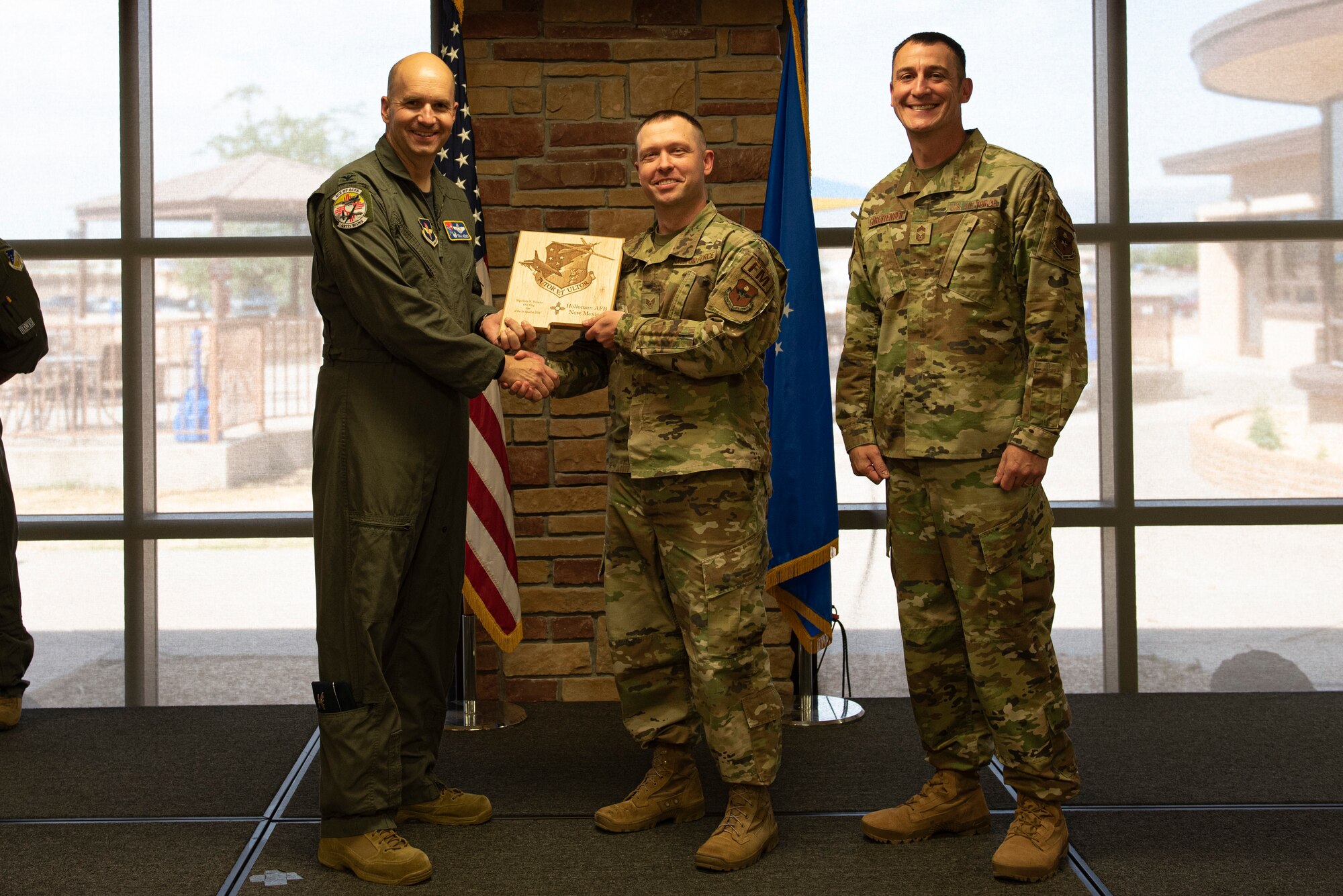 Staff Sgt. Wade Williams, from the 49th Comptroller Squadron, accepts the “49er” of the Quarter Award during the 49th Wing’s 1st quarter awards ceremony, June 10, 2022, on Holloman Air Force Base, New Mexico.