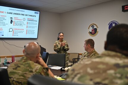 Master Sgt. Jeanett Vielman, 960th Cyberspace Wing inspection team supervisor, leads a tactical combat casualty care training class June 4, 2022 at Joint Base San Antonio-Chapman Training Annex, Texas.