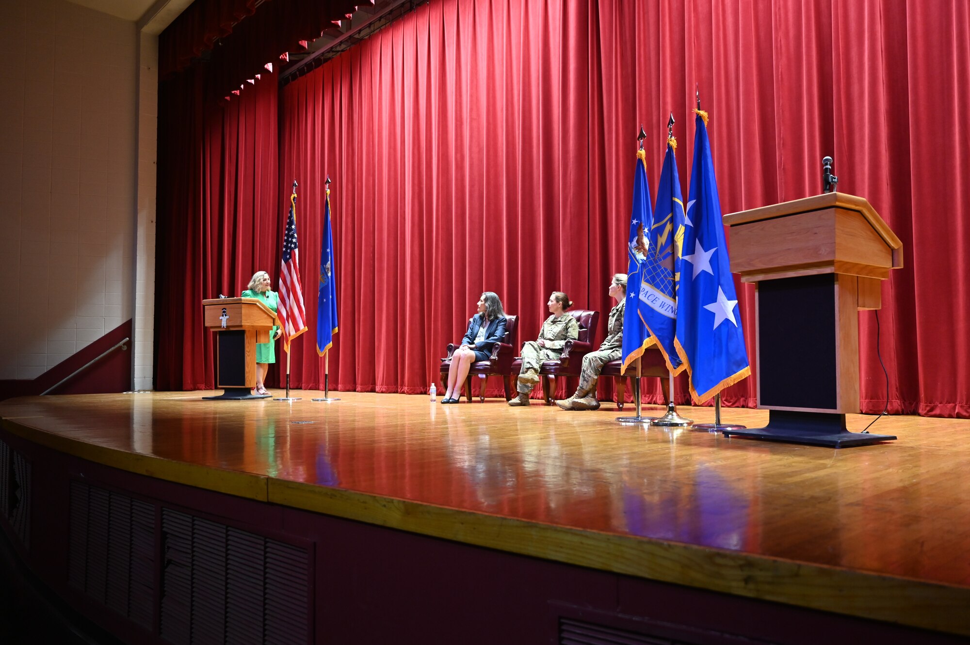 Frances Martinez, 960th Cyberspace Wing director of psychological health, introduces a panel of mental health experts May 14, 2022 at the Bob Hope Performing Arts Center at Joint Base San Antonio-Lackland, Texas.