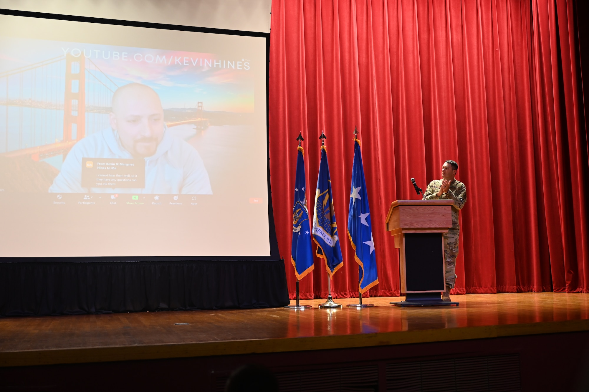 Col. Richard Erredge, 960th Cyberspace Wing commander (right), thanks Kevin Hines for telling his story during the wing’s mental health & resiliency fair May 14, 2022, at the Bob Hope Performing Arts Center, Joint Base San Antonio-Lackland, Texas.