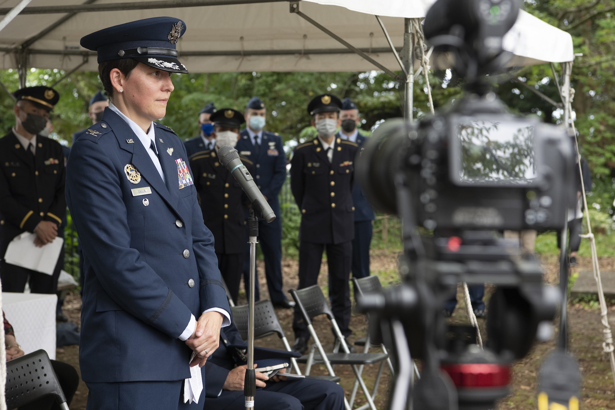 U.S. Air Force Col. Julie Gaulin, 374th Airlift Wing vice commander, delivers a speech commemorating those who lost their lives during World War II as part of a U.S.-Japan Joint Memorial Service June 11, 2022, at Mt. Shizuhata, Shizuoka city, Japan. The memorial service provided participants the opportunity to honor those who lost their lives during a World War II air raid on June 20, 1945. During the raid, two U.S. Army Air Forces B-29 Superfortresses collided mid-air over Shizuoka City, resulting in the death of 23 Airmen on board the aircraft. Representatives of the U.S. Air Force’s Yokota Air Base, Japan Self Defense Force, and Shizuoka City rendered their respects to the Airmen and Japanese civilians who lost their lives as a result of the tragedy, and reflected on the strong alliance the U.S. and Japan have forged since the end of World War II. (U.S. Air Force photo by Tech. Sgt. Christopher Hubenthal)