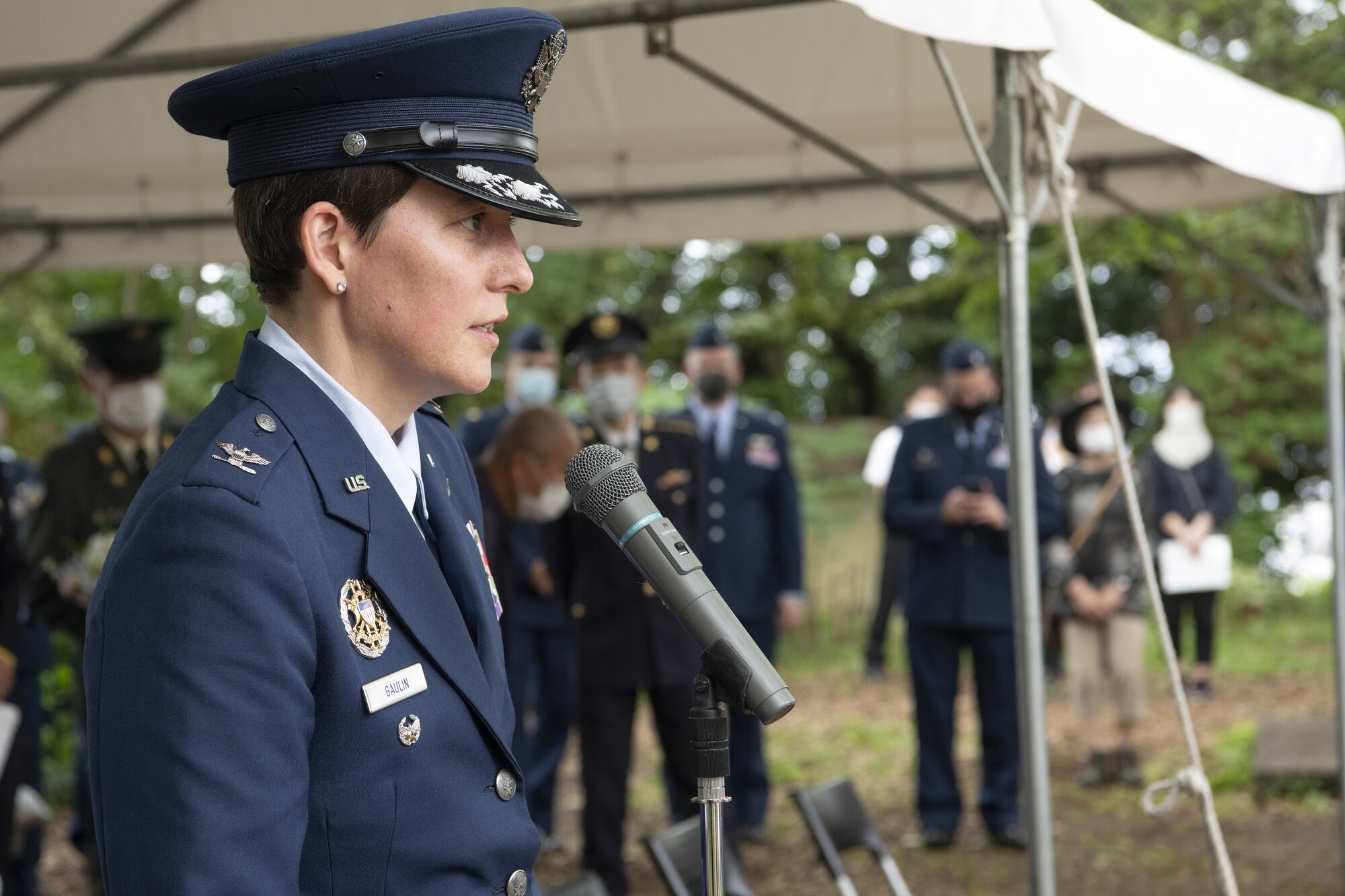 U.S. Air Force Col. Julie Gaulin, 374th Airlift Wing vice commander, delivers a speech commemorating those who lost their lives during World War II as part of a U.S.-Japan Joint Memorial Service June 11, 2022, at Mt. Shizuhata, Shizuoka city, Japan. The memorial service provided participants the opportunity to honor those who lost their lives during a World War II air raid on June 20, 1945. During the raid, two U.S. Army Air Forces B-29 Superfortresses collided mid-air over Shizuoka City, resulting in the death of 23 Airmen on board the aircraft. Representatives of the U.S. Air Force’s Yokota Air Base, Japan Self Defense Force, and Shizuoka City rendered their respects to the Airmen and Japanese civilians who lost their lives as a result of the tragedy, and reflected on the strong alliance the U.S. and Japan have forged since the end of World War II. (U.S. Air Force photo by Tech. Sgt. Christopher Hubenthal)