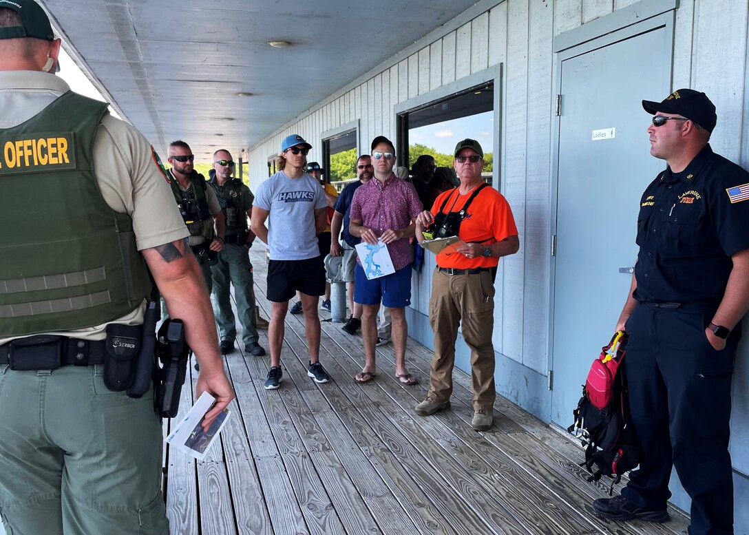 Assistant Director of Emergency Management for Rutherford County Tim Hooker conducts a safety brief.  The group reviewed¬¬ safety protocol and boat routes for emergency personnel, Tennessee Wildlife Resource Agency, and J. Percy Priest rangers on June 9, 2022, at Fate Sanders Marina on J. Percy Priest Lake in Smyrna, Tennessee. (USACE Photo by Misty Cunningham)