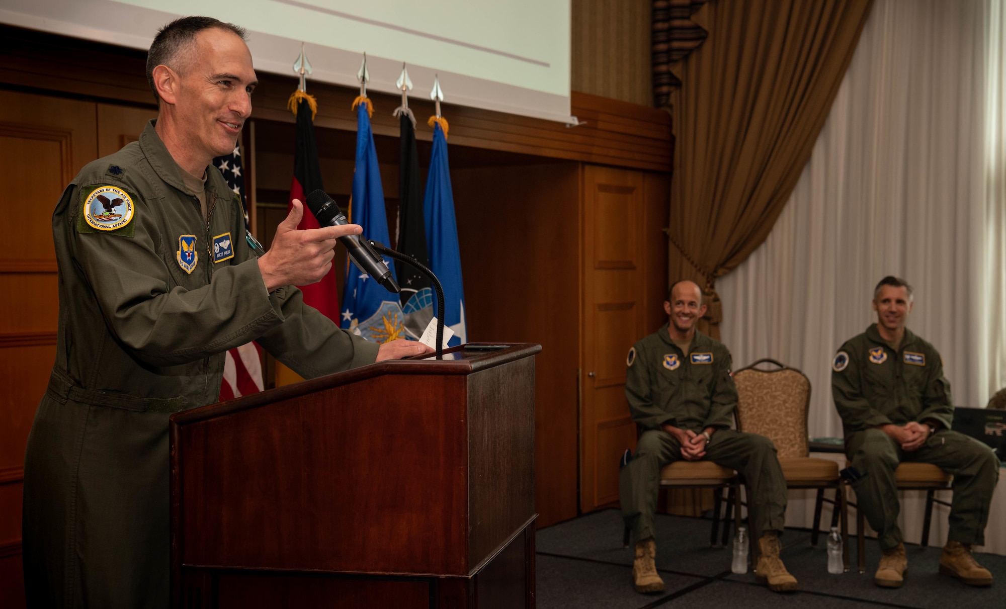 U.S. Air Force Lt. Col. Matthew Polus, Military Personnel Exchange Program outgoing commander, addresses his Airmen for the last time as the MPEP commander.