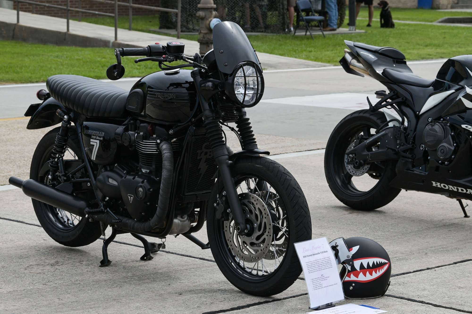A 2016 Triumph Bonneville T120 Black sits for a display at a car show at Moody Air Force Base, Georgia, June 11, 2022. The car show was open to all Airmen and their families. (U.S. Air Force photo by Senior Airman Rebeckah Medeiros)