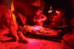 U.S. Army medics assigned to the South Carolina Army National Guard conduct combat medical training during a sensory deprivation exercise at McCrady Training Center in Eastover, S.C., Aug. 16, 2018. The medics are finishing a 12-day sustainment course to remain proficient in their skills providing care to a causality from the point of injury to the evacuation site in a combat area.