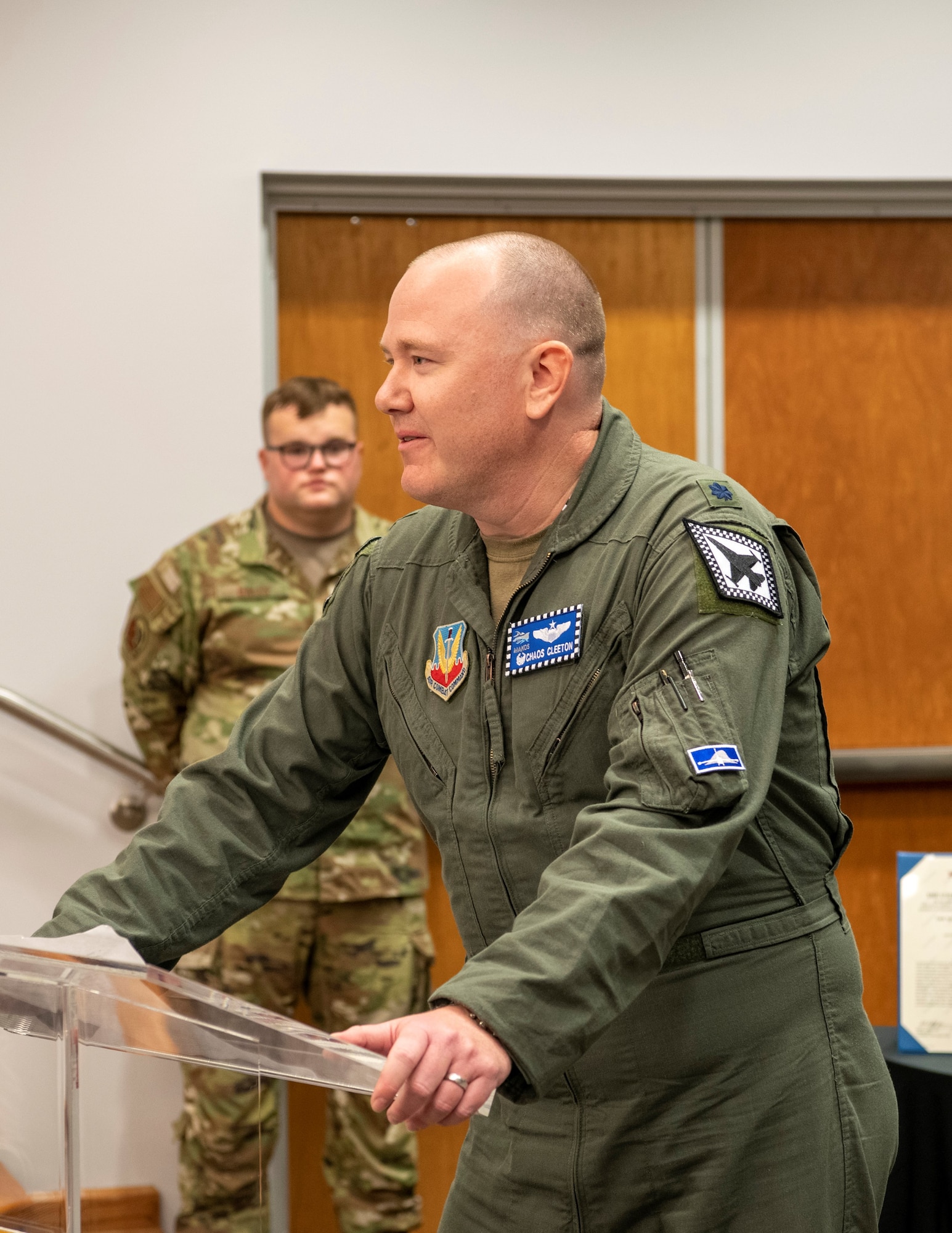 Lt. Col Dysart Cleeton addresses the audience after taking command of the 367th Fighter Squadron at Homestead Air Reserve Base, Fla., on June 14, 2022. (U.S. Air Force photo by Tim Norton)