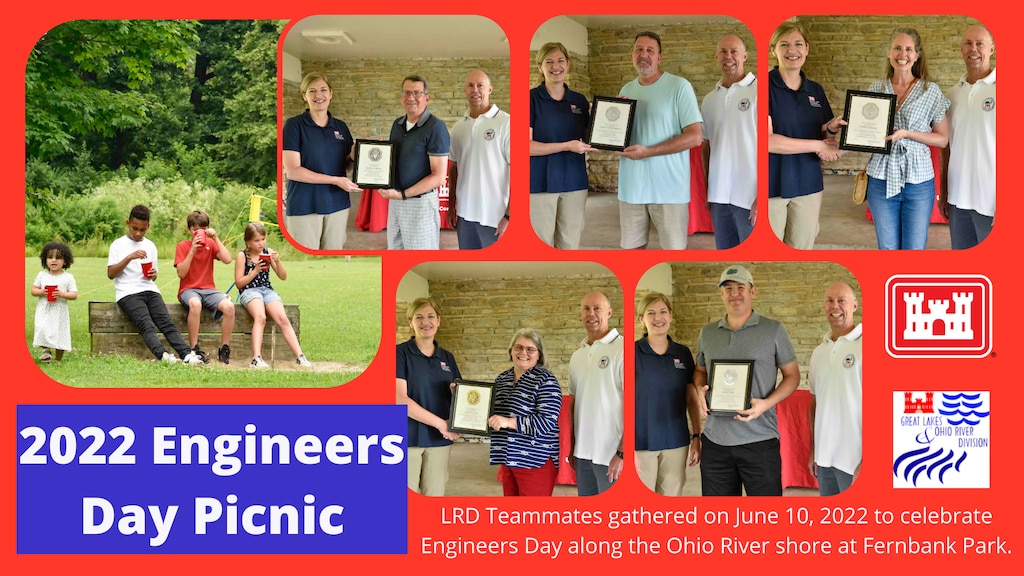 On June 10, 2022, teammates from the U.S. Army Corps of Engineers Great Lakes and Ohio River Division Headquarters in Cincinnati, Ohio celebrated Engineers Day with a picnic on the shore of the Ohio River at Fernbank Park.