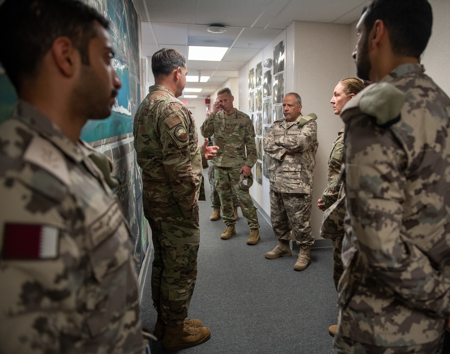 U.S. Air Force Col. Greg Moseley, 325th Fighter Wing commander, left, discusses the layout of Tyndall Air Force Base with Qatar Emiri Corps of Engineers Maj. Gen. Essa Ali E M Al-Kubaisi, QECE commander, right, during a distinguished visitors tour at Tyndall Air Force Base, Florida, June 9, 2022. The members toured Tyndall’s facilities, construction sites and technological innovation areas of interest. (U.S. Air Force photo by Airman 1st Class Zachary Nordheim)