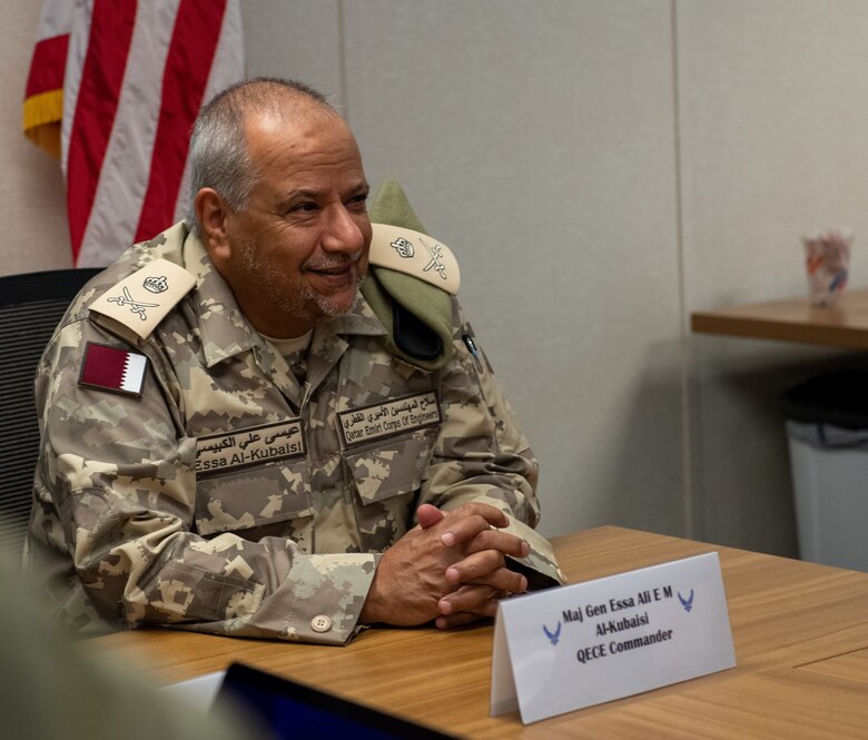 Qatar Emiri Corps of Engineers Maj. Gen. Essa Ali E M Al-Kubaisi, QECE commander, exchange greetings and introductions before briefings during a distinguished visitors tour at Tyndall Air Force Base, Florida, June 9, 2022. As the “Installation of the Future”, Tyndall is implementing many innovative technologies and programs to set the new standard of Air Force operations. (U.S. Air Force photo by Airman 1st Class Zachary Nordheim)