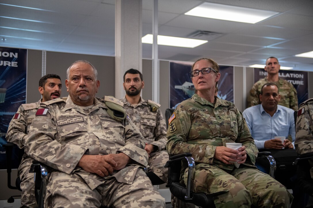 Qatar Emiri Corps of Engineers Maj. Gen. Essa Ali E M Al-Kubaisi, QECE commander, left, and U.S. Army Maj. Gen. Kimberly M. Colloton, Transatlantic Expeditionary District commander, right, watch Tyndall’s digital twin briefing at Tyndall Air Force Base, Florida, June 9, 2022. Tyndall leaders showcased virtual reality innovations being used for building automation and technical lines of effort. (U.S. Air Force photo by Airman 1st Class Zachary Nordheim)