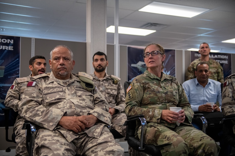 Qatar Emiri Corps of Engineers Maj. Gen. Essa Ali E M Al-Kubaisi, QECE commander, left, and U.S. Army Maj. Gen. Kimberly M. Colloton, Transatlantic Expeditionary District commander, right, watch Tyndall’s digital twin briefing at Tyndall Air Force Base, Florida, June 9, 2022. Tyndall leaders showcased virtual reality innovations being used for building automation and technical lines of effort. (U.S. Air Force photo by Airman 1st Class Zachary Nordheim)