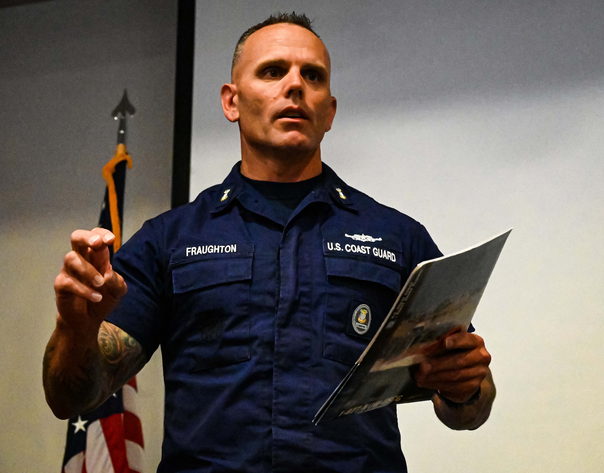 U.S. Coast Guard Command Master Chief Kody Fraughton addresses the attendees during the closing ceremony of the Leading Edge Joint Service Seminar, at Joint Base McGuire-Dix-Lakehurst, June 10, 2022. Members from five different branches attended the weeklong seminar to focus on debunking inter-service cultural myths, talent management, ethical dilemmas, and discussions about our nation’s adversaries. (U.S. Air Force photo by Staff Sergeant Sabatino DiMascio