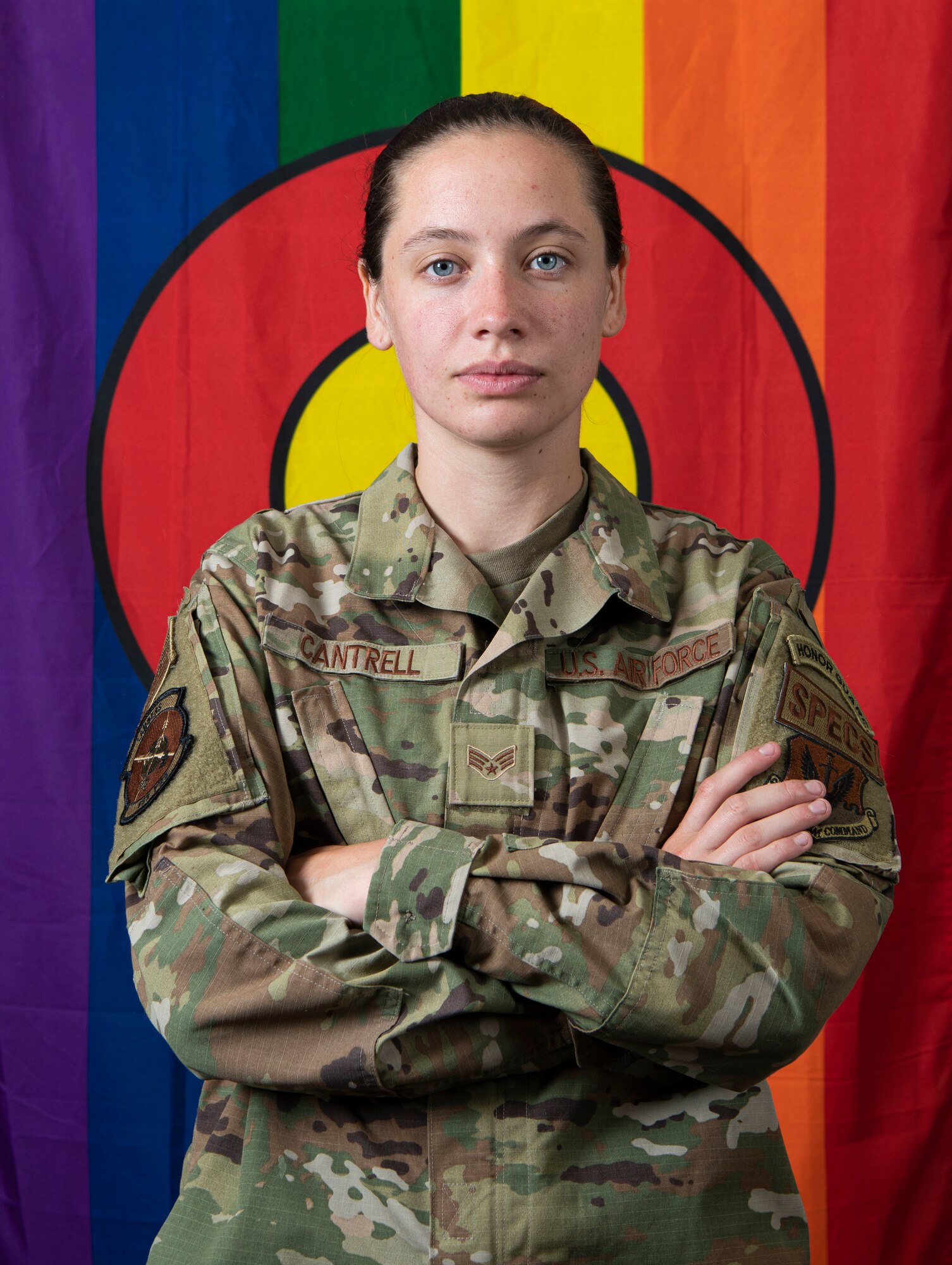 Senior Airman Hannah Cantrell, 333rd Fighter Generation Squadron aerospace propulsion journeyman, poses for a photo in celebration of Pride Month at Seymour Johnson Air Force Base, North Carolina, June 14, 2022. Pride Month celebrates the self-affirmation, dignity, equality and increased visibility of gender preference and sexual orientations. (U.S. Air Force photo by Airman 1st Class Sabrina Fuller)